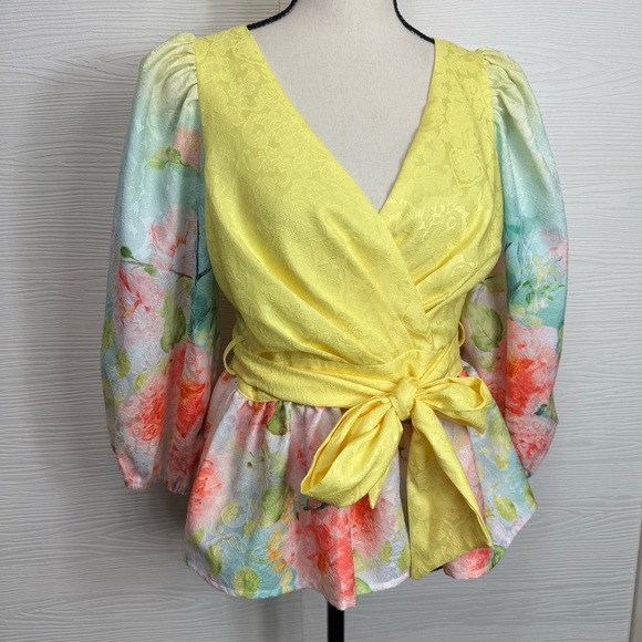 Alberto Makai 2023 Floral Wrap Blouse - Yellow and Multicolor - Picture 3 of 11